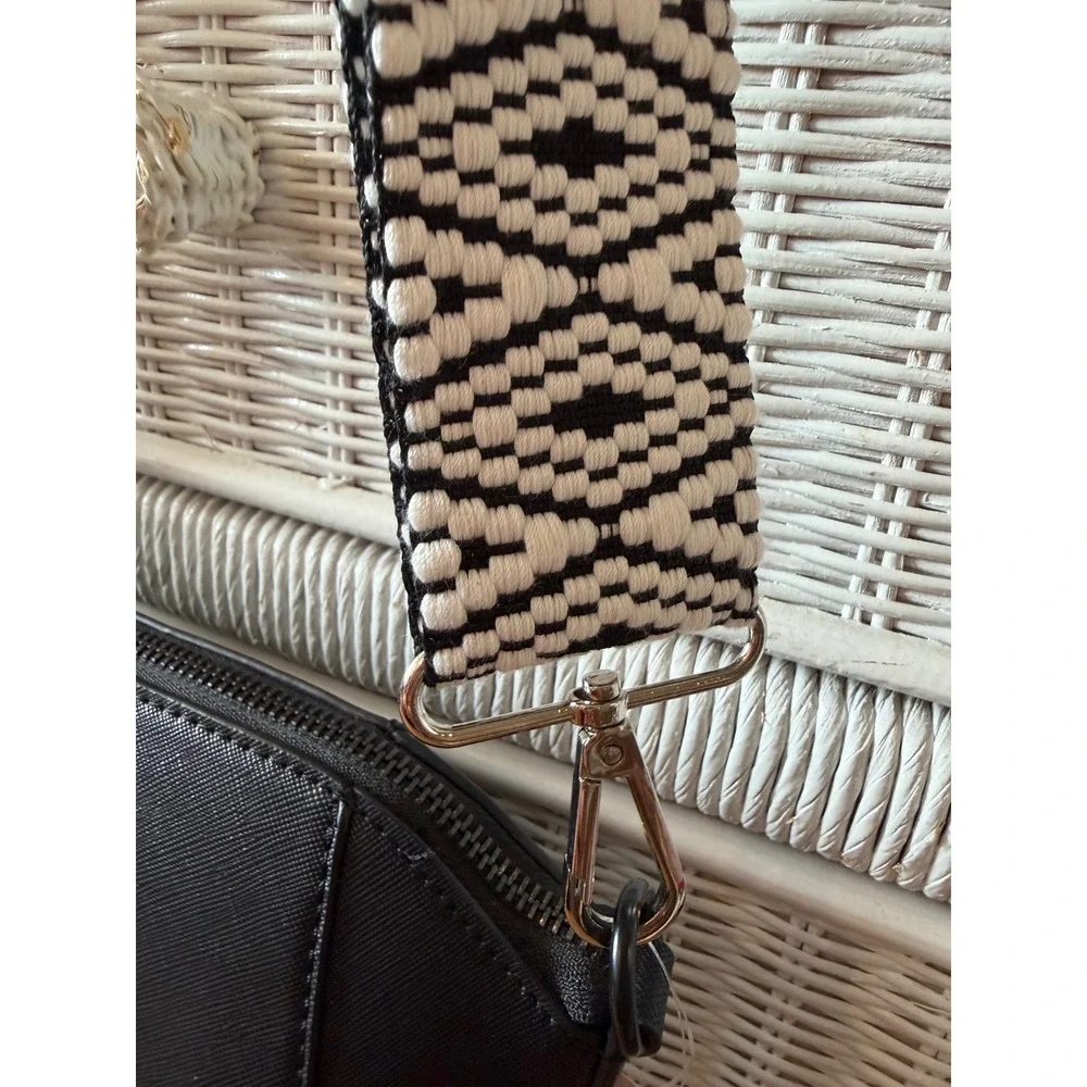 Aldo Black Saffiano Crossbody Bag with Woven Geometric Guitar Strap NEW